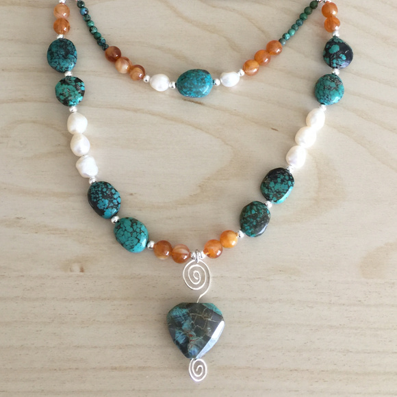 Turquoise, Amber, Pearl, Silver Gemstone Necklace - Picture 2 of 8